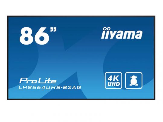 A digital display shows the 86” iiyama ProLite LH8664UHS-B2AG, featuring 4K UHD resolution and touchscreen capability, highlighted with icons on a blue background.