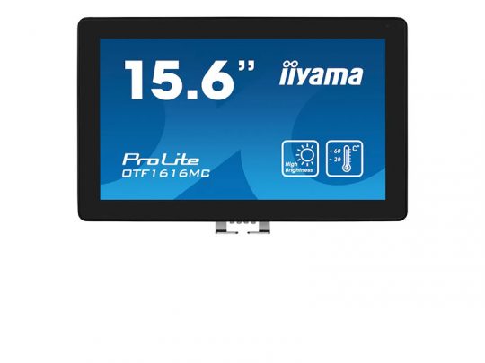15.6-inch iiyama ProLite OTF1616MC touchscreen monitor with a blue screen displaying the size, iiyama brand logo, model number, high brightness icon, and temperature symbol.
