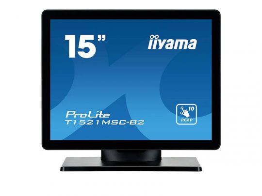 15-inch iiyama ProLite T1521MSC-B2 touchscreen monitor on a black stand with a blue screen showing the model name and a PCAP 10-touch icon.
