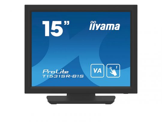 15-inch iiyama ProLite T1531SR-B1S touchscreen monitor with blue display, VA panel, and touch function icons visible on screen.