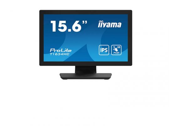 Black iiyama ProLite T1634MC 15.6-inch IPS PCAP touchscreen monitor displaying a blue screen with product name and features. IPS and 10-point touch icons are shown on the right side of the display.