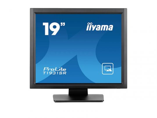 Black 19-inch iiyama ProLite T1931SR touchscreen computer monitor with a blue screen showing the iiyama brand name, model number, and monitor size.