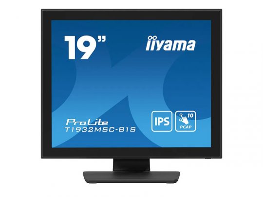 Black iiyama ProLite T1932MSC-B1S monitor viewed from the front, displaying a blue screen with white text featuring model details “19 iiyama, ProLite T1932MSC-B1S, IPS, 10 PCAP.” The monitor has a flat rectangular design.