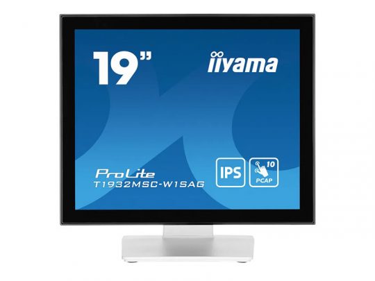 Front view of a 19-inch iiyama ProLite T1932MSC-W1SAG monitor with a blue screen showing IPS and PCAP icons, displayed on a white background.