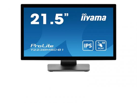 21.5-inch iiyama ProLite T2238MSC-B1 touchscreen monitor with a blue screen highlighting its size, IPS panel, and PCAP touchscreen features, displayed against a white background.