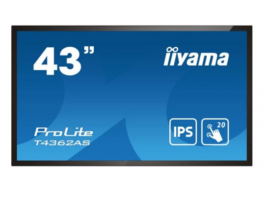 43-inch iiyama ProLite T4362AS touch monitor with IPS display and 20-point multi-touch, displayed on a blue screen featuring product details.