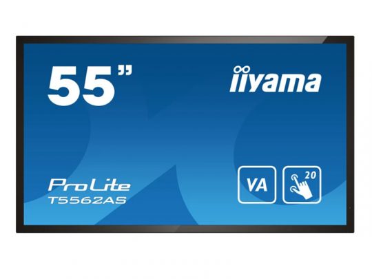 55-inch iiyama ProLite T5562AS monitor display with blue background, highlighting VA panel and 20-point touch capability icons on the screen.