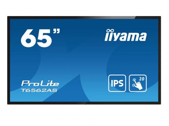 65-inch iiyama ProLite T6562AS flat-screen monitor displayed on a blue background, featuring IPS technology and 20-point touch capability icons on the screen.