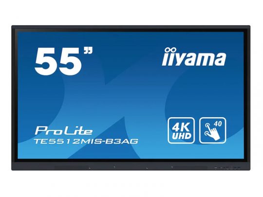 55-inch iiyama ProLite TE5512MIS-B3AG display screen showing 55, ProLite TE5512MIS-B3AG, 4K UHD, and a touch icon with 40 on a blue background; large interactive touchscreen monitor ideal for business or education.