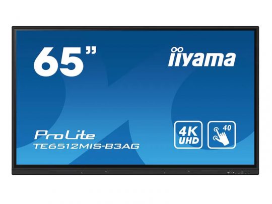 Iiyama ProLite TE6512MIS-B3AG 65-inch 4K UHD interactive flat-screen display, showing a blue background with 65 inch, 4K UHD, and 40-point touch icons.