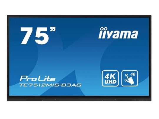 75-inch iiyama ProLite TE7512MIS-B3AG 4K UHD interactive display with a blue screen showing white touch icons and high-resolution features, ideal for classrooms or meeting rooms.
