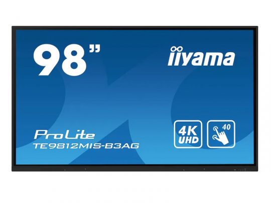 98-inch iiyama ProLite TE9812MIS-B3AG display shows vibrant 4K UHD resolution with multiple 40-point touch icons on a sleek blue background. Interactive touchscreen suitable for presentations and collaborative work.