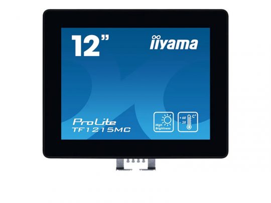 12-inch Iiyama ProLite TF1215MC touchscreen monitor shown from the front with a blue display, high brightness icon, and temperature range indicators.