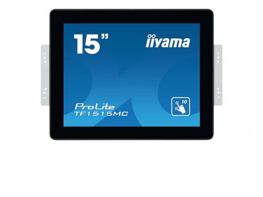 15-inch iiyama ProLite TF1515MC touchscreen monitor shown front-facing, with model name and touch icon on blue screen; mounting brackets visible on each side of the display.