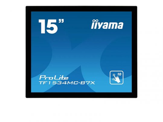 15-inch iiyama ProLite TF1534MC-B7X touchscreen monitor with blue display showing model name and a touch icon highlighting 10-point multi-touch capability. Modern, flat-screen design suitable for commercial or professional use.