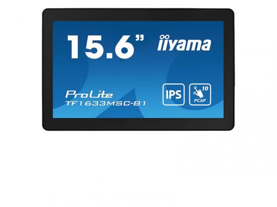 15.6-inch iiyama ProLite TF1633MSC-B1 touchscreen monitor with IPS display, featuring PCAP 10-point touch technology, displayed against a white background. The monitor has a sleek black frame and a flat, glass-front design optimized for responsive multi-touch use.