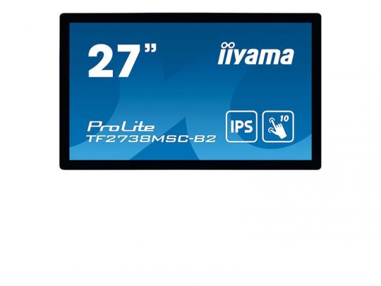 27-inch iiyama ProLite TF2738MSC-B2 monitor with IPS technology and 10-point touch, displayed on a blue background. The monitor has a sleek, slim design with a black frame and is positioned facing forward.