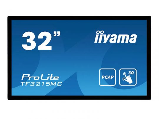 32-inch iiyama ProLite TF3215MC monitor display shown on a blue background, featuring a PCAP touch technology label and a touch icon indicating support for 30 simultaneous touch points.