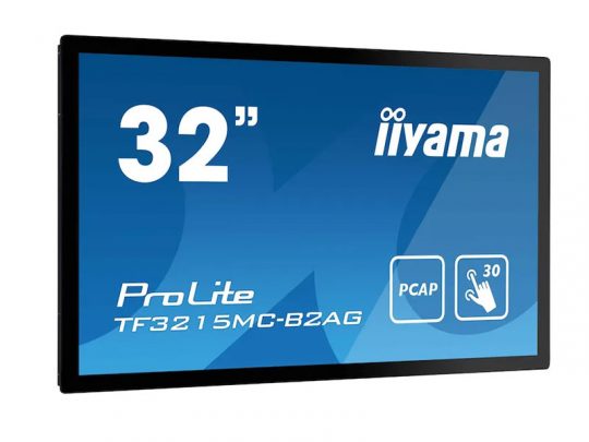 32-inch iiyama ProLite TF3215MC-B2AG touchscreen monitor with blue screen displaying model name, size, PCAP technology, and 30-point touch icon.