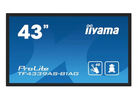 43-inch iiyama ProLite TF4339AS-B1AG touchscreen display with a blue background, featuring icons that highlight its multi-touch capability for up to 40 users.