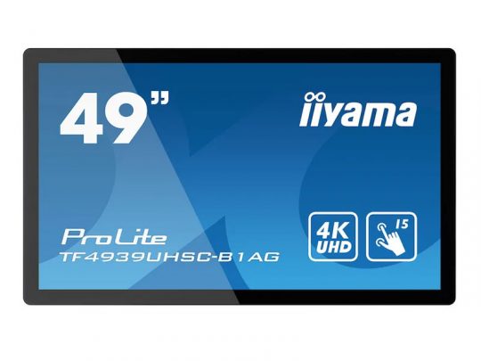 49-inch iiyama ProLite TF4939UHSC-B1AG 4K UHD touchscreen monitor displayed on a blue background, featuring icons for 4K resolution and 15-point multitouch support.