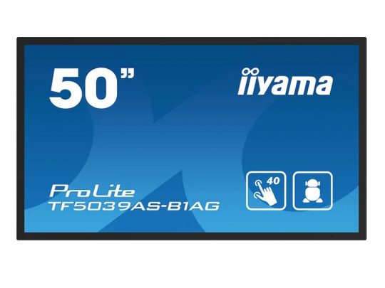 50-inch iiyama ProLite TF5039AS-B1AG touchscreen display shown on a blue background, highlighting features with icons for 40 multi-touch points and intuitive user interaction.