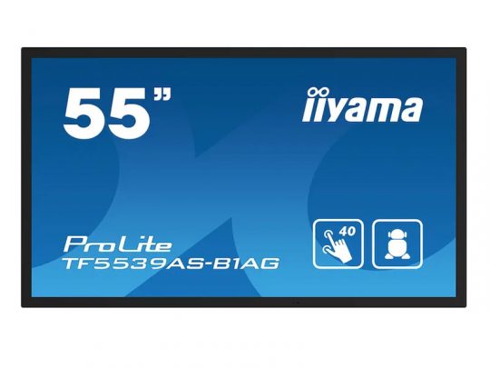 55-inch iiyama ProLite TF5539AS-B1AG interactive touch display, featuring a blue screen with touch and user icons, highlighting its multi-touch capability.
