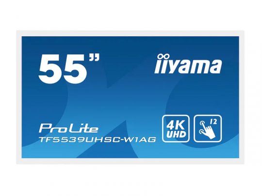 Blue product label for the iiyama 55 ProLite TF5539UHSC-W1AG display, showing text and icons highlighting 4K UHD resolution and 12-point touch capability.