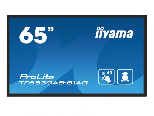 65-inch iiyama ProLite TF6539AS-B1AG interactive touchscreen display on a blue background, featuring touch and user icons with visible iiyama branding.