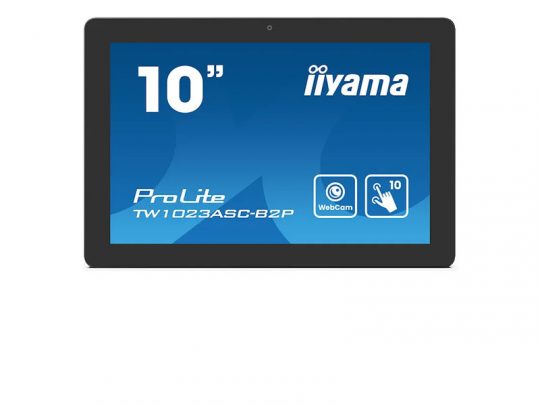 Black iiyama ProLite TW1023ASC-B2P 10-inch tablet with a blue screen displaying white text “10” ProLite TW1023ASC-B2P WebCam” and two round icons indicating webcam and 10-point touch features.