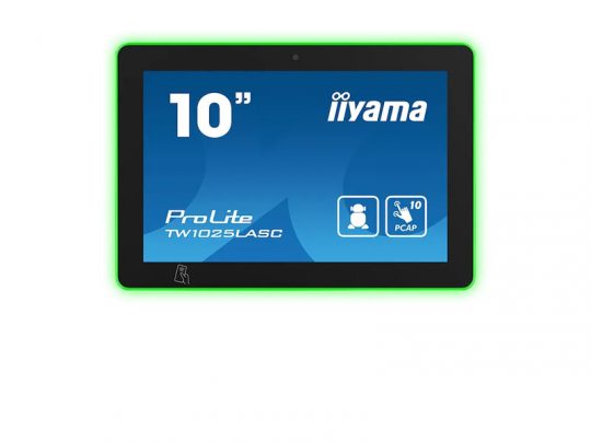 Product image of the iiyama ProLite TW1025LAS, a black 10-inch tablet with a glowing green edge, displaying a blue screen featuring product name and icons for touchscreen and 10-point PCAP technology.