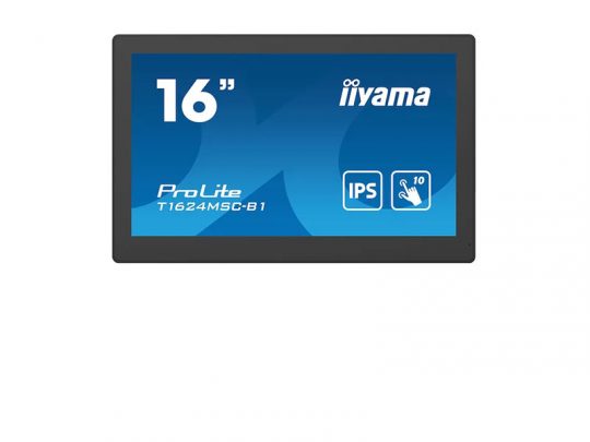 16-inch iiyama ProLite T1624MSC-B1 monitor with IPS display and 10-point touchscreen, shown on a white background. The monitor features a slim black frame and sturdy stand, highlighting its modern design and interactive touch capabilities.