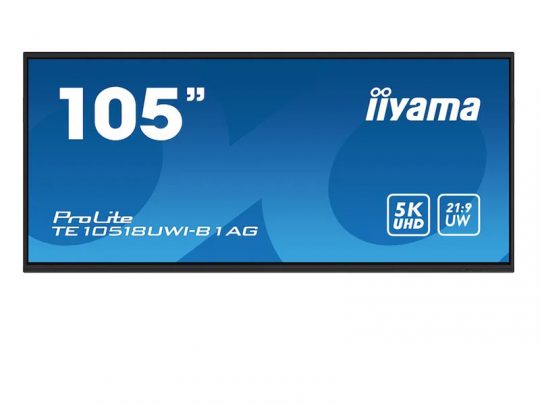 Iiyama ProLite TE10518UWI-B1AG 105-inch 5K UHD ultra-wide monitor with a 21:9 aspect ratio, shown on a blue background. The large flat-screen display features the number 105 prominently on the screen.