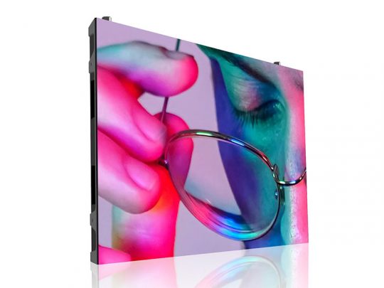 Close-up of a high-resolution digital screen featuring a vibrant image of a person holding eyeglasses near their face, illuminated by pink, blue, and green lights; screen displayed on a white background. Ideal alt text for describing modern digital display technology or high-definition monitors.