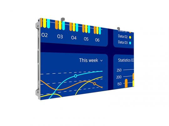 Large LED display screen angled to the left on a white background, showing a colorful data dashboard with blue and yellow graphs, charts, and statistics. Ideal for business presentations or office analytics.
