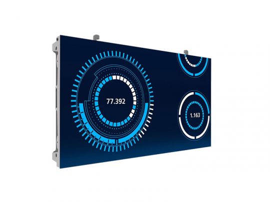 Digital display screen showing a futuristic blue user interface with circular data visualizations and numbers like 77.392 and 1.163, set against a dark background; the high-tech screen is angled to the left, ideal for modern control rooms or business dashboards.