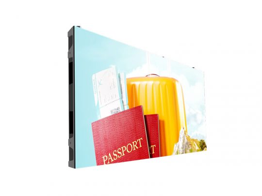 Digital screen showing travel essentials including red passports, boarding passes, and a yellow suitcase set against a blue sky background. Ideal image for promoting travel products or booking services.