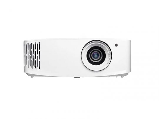 BenQ HD Home Theater Projector—A sleek white projector featuring a prominent large lens on the front and ventilation slats on the left side, shown against a plain white background. Ideal for vivid home cinema and media streaming.
