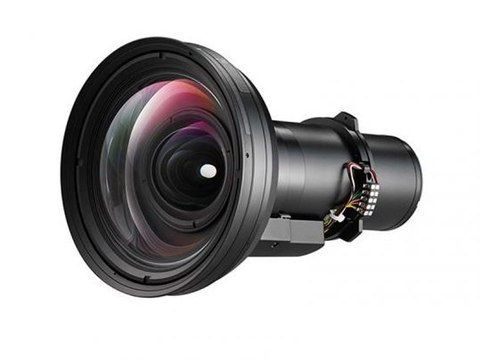 Close-up of a large black camera projector lens with visible glass elements and exposed side wiring, displayed on a white background. Professional-grade optical lens for cameras or projectors.