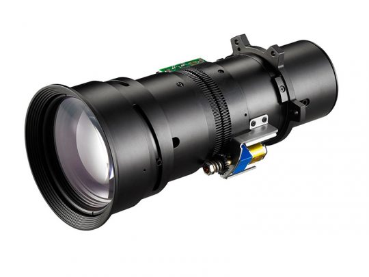 Close-up of a large black camera lens featuring visible glass elements and detailed mechanical parts, with a blue and yellow attachment on the side, displayed against a white background. Perfect for photographers seeking high-performance camera lenses.