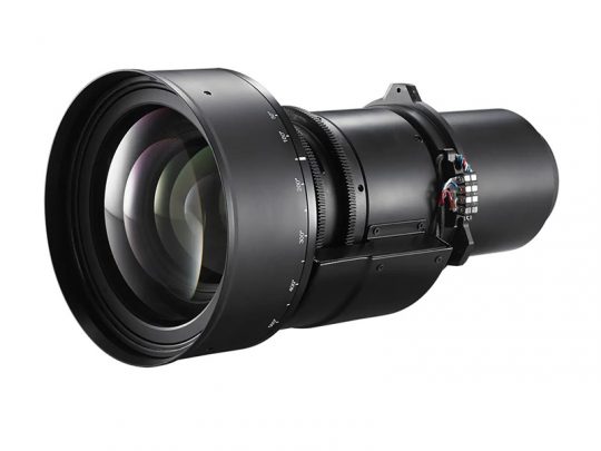 Close-up image of a large black camera lens, featuring multiple glass elements, textured adjustment rings, and visible electronic connectors at the base; the professional-grade DSLR lens is showcased against a plain white background.
