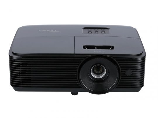 Black multimedia projector, front view with lens on the right and control buttons on the top, ideal for home cinema or office presentations.