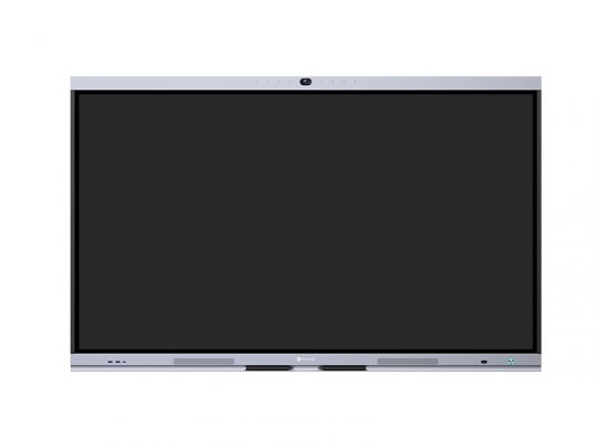 Large interactive flat-screen display panel with a sleek black screen and silver frame, featuring control buttons and sensors along the top and bottom edges, shown against a white background. Ideal for classrooms or business presentations.