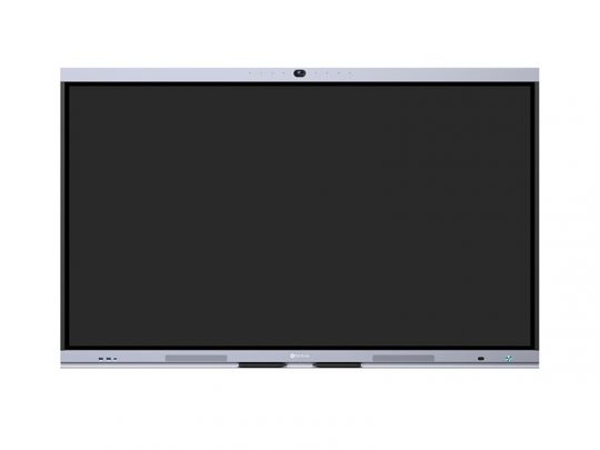 Front view of a large, flat-screen interactive display with a thin silver frame and a black screen, set against a white background. Ideal for presentations, classrooms, or office meetings.