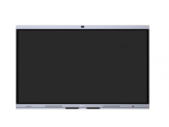 Promethean ActivPanel interactive display screen with a large, flat black touchscreen and slim silver frame, featuring a built-in camera at the top center and multiple control buttons and ports along the bottom edge for easy access.