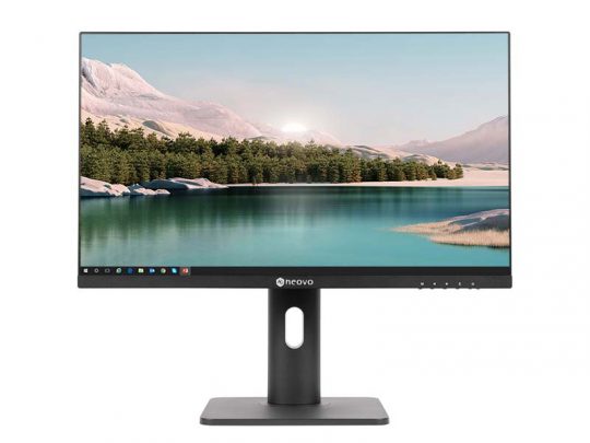 Neovo widescreen computer monitor with thin bezels displaying a scenic landscape of a calm lake, pine trees, and snowy mountains under a clear sky. The Neovo brand name is visible on the bottom bezel.