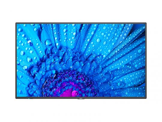 Samsung 4K Ultra HD Smart TV displaying a vivid blue flower with water droplets and a purple center on its screen, set against a plain white background. High-resolution TV showcasing lifelike colors and stunning picture quality.