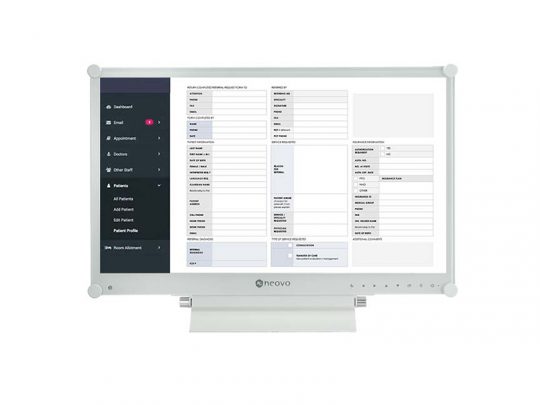 Computer monitor displaying a medical dashboard interface with white background, showing menus and data entry fields for patient information, appointments, and doctors; ideal for medical practice management.