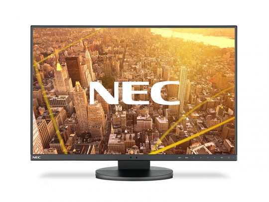 NEC computer monitor with thin black bezel and circular stand, displaying an aerial cityscape at sunset with large white NEC text on the screen. Perfect for office or home use.