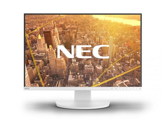 NEC computer monitor with white frame and stand, displaying an aerial cityscape at sunset. Large NEC text is centered on the screen. Ideal for modern office or home desk setups.